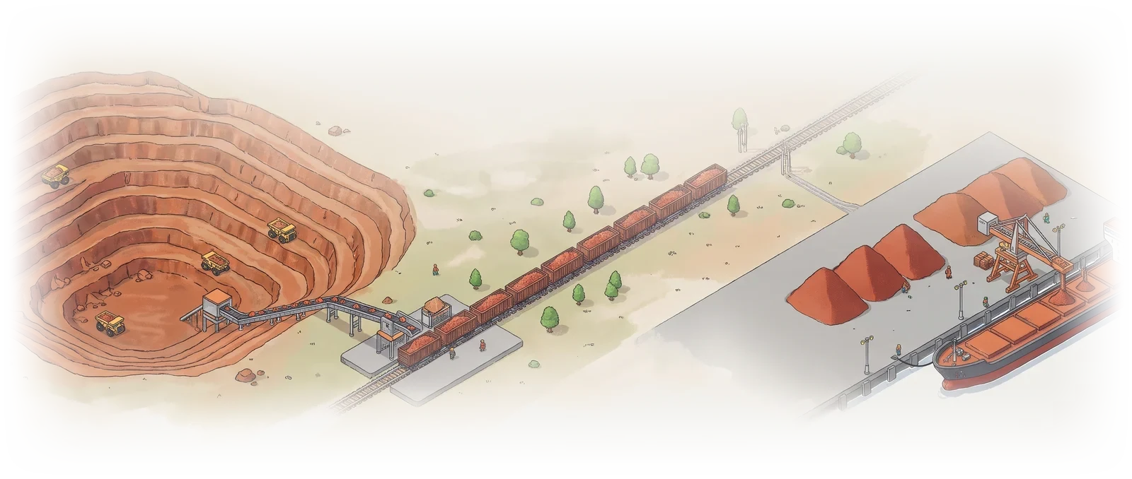 The commodity chain: an open-pit copper mine, a conveyor to the railhead, an ore train and a bulk carrier loading at the port