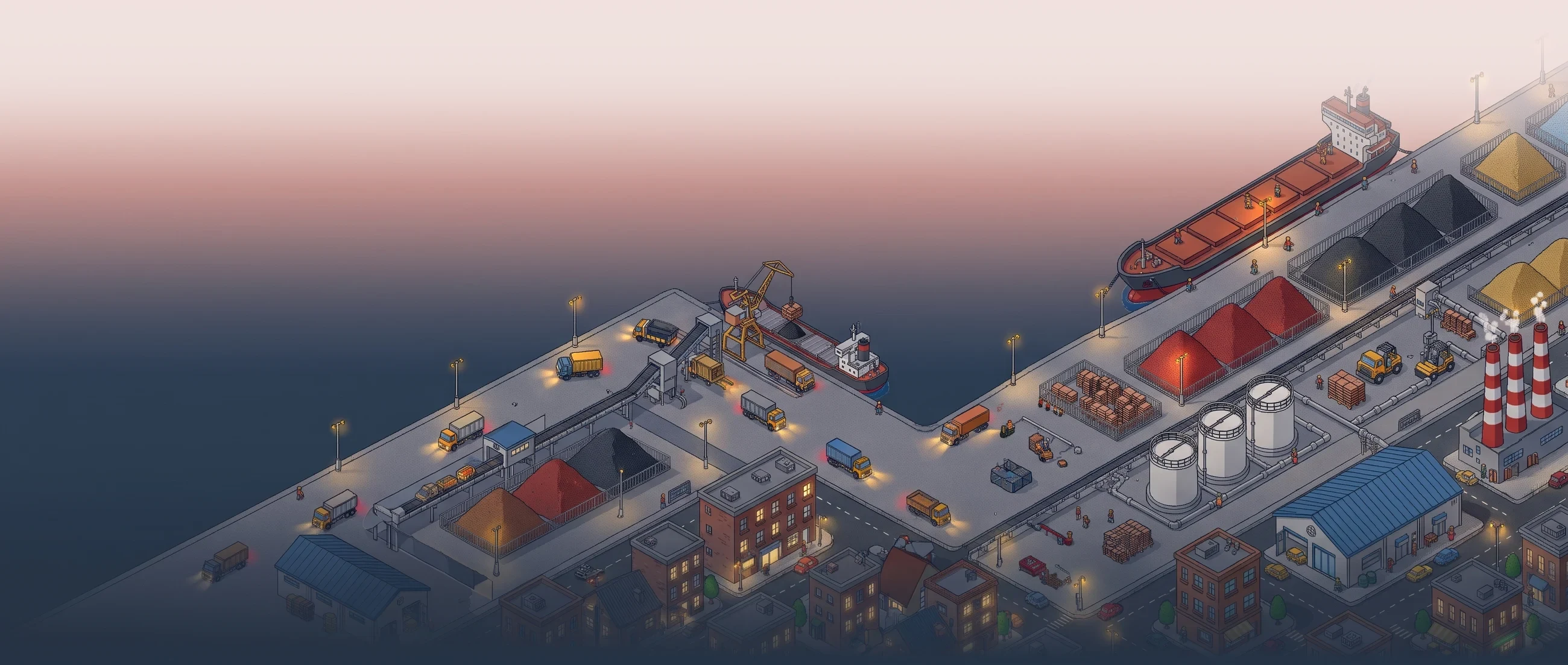 The arrival port at dusk: a bulk carrier unloading, trucks leaving, the town lit