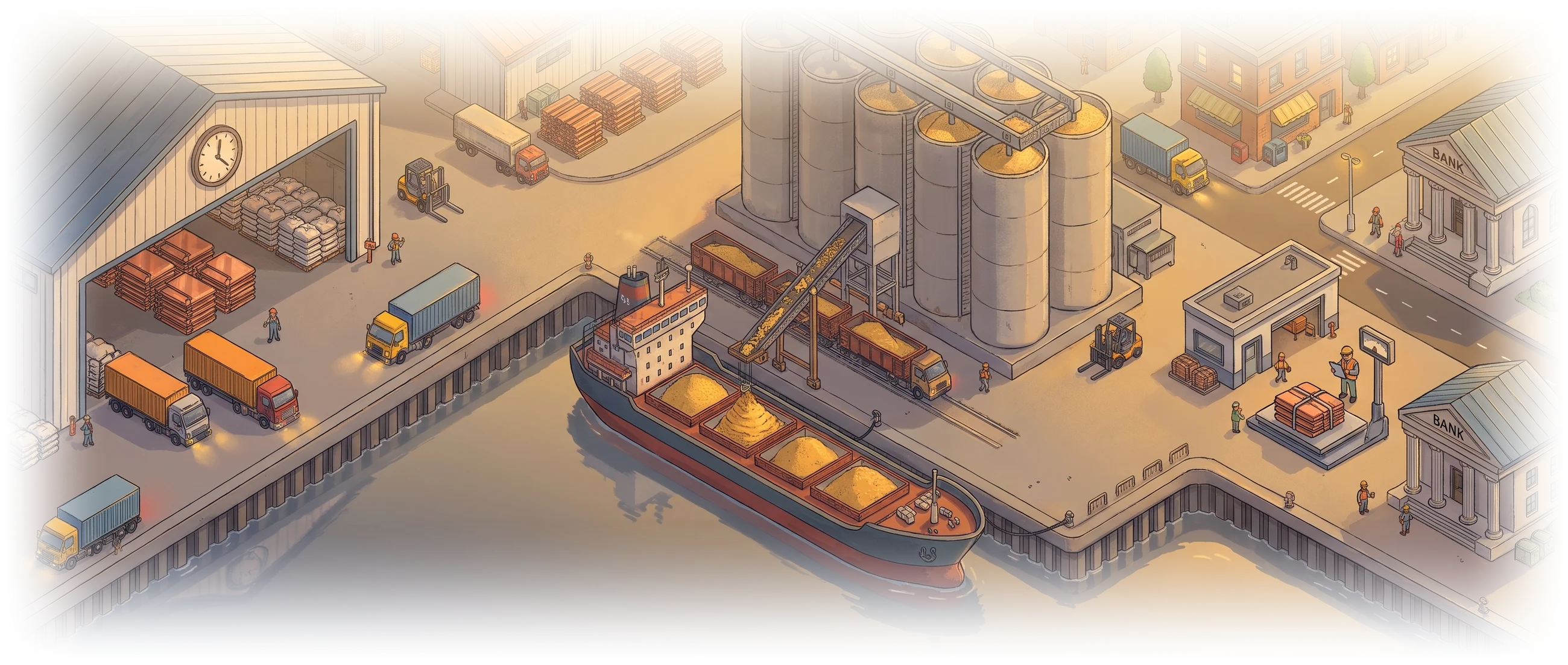 A port at golden hour: a warehouse of copper and bagged cargo with a clock on its wall, a grain terminal loading a bulk carrier, and a surveyor weighing copper beside a bank