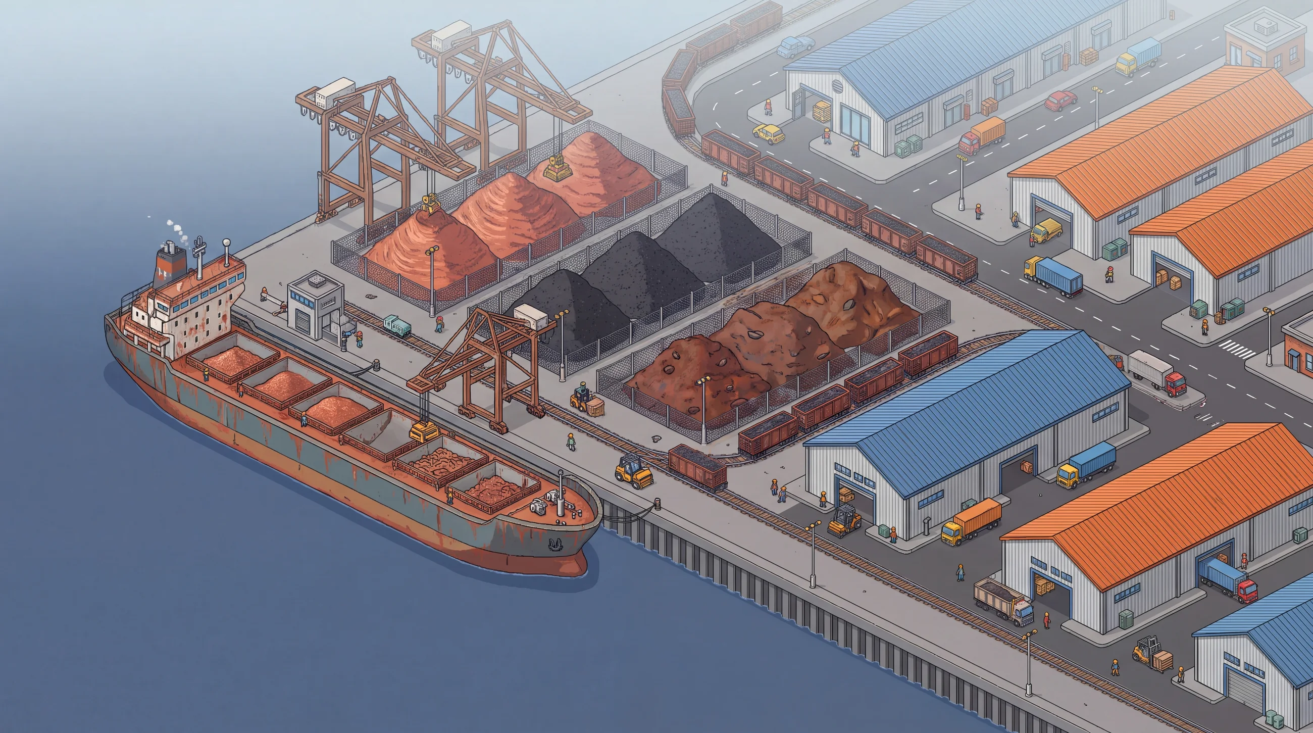 A commodity port: a bulk carrier loading copper under gantry cranes, ore and coal stockpiles, rail wagons and warehouses